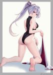  1girl ass back bangs bare_shoulders barefoot black_leotard border breasts closed_mouth fate/grand_order fate_(series) grey_border hair_between_eyes hair_ribbon highleg highleg_leotard legs leotard long_hair looking_back medium_breasts ponytail red_eyes red_ribbon ribbon sakanasoko silver_hair solo thighs tomoe_gozen_(fate/grand_order) very_long_hair white_background 