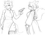  5_fingers anthro black_and_white breasts clothed clothing duo female fingers gun hair hi_res looking_back mammal monochrome pgm300 ranged_weapon simple_background sketch snout standing weapon white_background 
