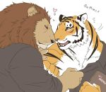  &lt;3 anthro barazoku biceps big_muscles blush chest_tuft dialogue duo english_text felid fingers fur giraffe_(artist) japanese_text lam-chan lion lion-san male male/male mammal multicolored_body multicolored_fur muscular muscular_male open_mouth pantherine pecs simple_background striped_body striped_fur stripes text tiger translated tuft white_background 