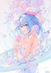  1girl artist_name atdan bangs bare_arms bare_shoulders blue_eyes blue_hair breasts cleavage collarbone dress eyebrows_visible_through_hair flower hair_flower hair_ornament haiyi highres holding holding_flower hoop hula_hoop jellyfish_hair_ornament large_breasts looking_at_viewer parted_lips pink_flower pink_rose rose short_hair smile solo strapless strapless_dress synthesizer_v upper_body water white_dress white_flower white_rose 