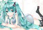  1girl ass bangs bare_arms bare_shoulders black_legwear blush bottomless breasts cleavage closed_mouth collarbone collared_shirt commentary_request eyebrows_visible_through_hair green_eyes green_hair green_neckwear grey_shirt hair_between_eyes hair_ornament hatsune_miku headphones headset leg_up long_hair looking_at_viewer lying medium_breasts nanase_nao necktie no_shoes on_stomach open_clothes open_shirt shirt sleeveless sleeveless_shirt smile soles solo thighhighs twintails very_long_hair vocaloid 