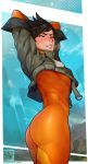  1girl arms_up ass black_hair bodysuit bomber_jacket breasts closed_eyes cropped_jacket eyebrows grey_jacket highres jacket lips no_bra orange_bodysuit overwatch overwatch_2 short_hair skin_tight sleeves_pushed_up small_breasts solo spiked_hair stretch tears tracer_(overwatch) waking_up yellowroom 