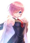  /\/\/\ 1girl armpits bangs bare_shoulders black-framed_eyewear black_dress blush breasts closed_mouth collared_dress commentary_request dress eyebrows_visible_through_hair fate/grand_order fate_(series) glasses grey_jacket hair_over_one_eye hand_up highres jacket long_sleeves looking_at_viewer mash_kyrielight medium_breasts necktie notice_lines off_shoulder open_clothes open_jacket pink_hair purple_eyes red_neckwear short_hair simple_background single_bare_shoulder sleeves_past_wrists smile solo tomo_(user_hes4085) unzipped upper_body white_background white_jacket 