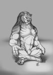  4_toes 5_fingers anthro eyes_closed felid feline fingers hi_res jackrow male mammal nude simple_background sitting solo toes 