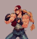  1boy 90s baseball_cap biceps black_gloves blonde_hair blue_eyes clenched_hands david_liu denim fatal_fury fighting_stance fingerless_gloves gloves grin hat highres jeans long_hair low-tied_long_hair low_ponytail male_focus manly muscle pants shirt sleeveless smile solo super_smash_bros. tank_top terry_bogard veins vest white_shirt 