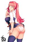  1girl ass belt fire_emblem fire_emblem:_three_houses garreg_mach_monastery_uniform hilda_valentine_goneril long_hair panties parted_lips pink_eyes pink_hair revolverwing short_sleeves simple_background solo thighhighs twintails underwear uniform white_background white_panties 