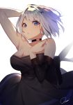  1girl :o arm_up armpits bare_shoulders black_choker black_dress blue_eyes blue_hair blue_nails breasts choker cleavage collarbone commentary_request cowboy_shot detached_sleeves dress eyebrows_visible_through_hair hair_ornament hand_on_own_chest highres kisui_(28992125) large_breasts long_sleeves looking_at_viewer nail_polish original parted_lips short_hair signature simple_background solo strapless strapless_dress white_background x_hair_ornament 