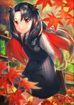  1girl arms_behind_back autumn autumn_leaves bangs belt_buckle black_dress black_hair black_ribbon blurry blurry_foreground blush buckle closed_mouth commentary_request day depth_of_field dress eyebrows_visible_through_hair fate/grand_order fate_(series) feet hair_ribbon holding ishtar_(fate/grand_order) kyon_(fuuran) leaf leaning_forward long_hair long_sleeves looking_at_viewer maple_leaf multicolored_hair outdoors parted_bangs pinafore_dress railing red_eyes red_hair red_ribbon ribbon school_briefcase school_uniform shirt smile solo space_ishtar_(fate) standing two-tone_hair two_side_up very_long_hair white_shirt 