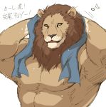  abs armpit_hair athletic barazoku biceps big_muscles body_hair brown_body brown_fur felid fur giraffe_(artist) japanese_text lion lion-san male mammal mane muscular muscular_male musical_note pantherine pecs simple_background solo text towel towel_around_neck translated translation_check white_background 