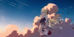  1girl :d azur_lane bag bare_shoulders black_shirt blonde_hair blue_eyes blue_sky blurry breasts brown_coat brown_legwear cloud coat condensation_trail cowboy_shot day floating_hair grey_panties hair_ornament hairclip hand_in_pocket hand_up handbag highres large_breasts laurel_crown leaf long_hair long_sleeves looking_away looking_up off_shoulder open_mouth outdoors panties scarf shirt signature sky sleeveless sleeveless_shirt smile solo standing swd3e2 thighhighs thighs underwear very_long_hair victorious_(azur_lane) victorious_(goddess&#039;_day_off)_(azur_lane) white_scarf wide_shot 