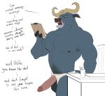  2019 anthro armpit_hair balls body_hair bovid bovine cape_buffalo chief_bogo clothing disney doost english_text erection hi_res holding_object horn humanoid_penis male mammal muscular muscular_male nipples pecs penis simple_background solo text underwear vein white_background zootopia 