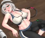  1girl armpits bangs bare_arms bare_shoulders bike_shorts black_shorts blush breasts breath cleavage collarbone fingernails green_eyes hand_on_own_chest headband highres hololive joy-con kei2b large_breasts lying medium_hair midriff mole mole_on_breast navel nintendo_switch open_mouth ring-con ring_fit_adventure shirogane_noel shorts silver_hair solo sports_bra sweat tongue twitter_username upper_teeth virtual_youtuber wooden_floor zipper zipper_pull_tab 