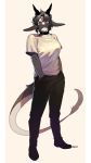  absurd_res anthro big_breasts black_hair bottomwear breasts clothed clothing collar female fur hair hi_res horn pants pgm300 red_eyes shirt simple_background standing topwear 