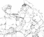  1girl 2boys 90s armlet bandaged_hands bandages big_hair boy_sandwich breast_press breasts clenched_hands cody_travers commentary david_liu dual_wielding english_commentary final_fight gai_(final_fight) hat height_difference highres holding knife knife_to_throat large_breasts male_focus midriff monochrome multiple_boys muscle navel ninja peaked_cap poison_(final_fight) riding_crop sandwiched short_shorts shorts sketch slender_waist strap_slip work_in_progress 