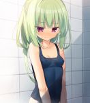  1girl bangs bare_arms bare_shoulders blush breasts cariboy closed_mouth collarbone commentary covered_navel covered_nipples eyebrows_visible_through_hair green_hair long_hair murasame_(senren) nose_blush purple_eyes senren_banka small_breasts solo symbol_commentary tile_wall tiles 