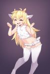  1girl :d ^_^ animal_ears bangs bare_arms bare_shoulders blonde_hair clenched_hands closed_eyes commentary ear_tag english_commentary fang fur hair_between_eyes hands_up highres horns iwbitu-sa long_hair midriff navel open_mouth original sheep_ears sheep_girl sheep_horns sheep_tail simple_background smile solo tail very_long_hair white_fur 