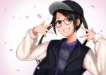  1girl black_hair black_headwear blue_eyes blush eyebrows_visible_through_hair glasses hamomemi hat idolmaster idolmaster_shiny_colors long_hair long_sleeves looking_at_viewer mitsumine_yuika parted_lips smile solo teeth twintails upper_body 