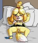  2019 after_sex animal_crossing anthro bed blush blush_stickers bodily_fluids breasts canid canine cum female floppy_ears fur furniture genital_fluids hair hi_res isabelle_(animal_crossing) kisekitemiro mammal nintendo nipples open_mouth pillow pussy pussy_juice solo video_games 