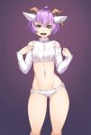  1girl :d animal_ears ass_visible_through_thighs bangs bare_shoulders commentary english_commentary eyebrows_visible_through_hair fur groin highres horizontal_pupils horns iwbitu-sa looking_at_viewer navel open_mouth original purple_hair sheep_ears sheep_girl sheep_horns short_hair simple_background smile solo stomach thighs white_fur yellow_eyes 