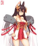  1girl alternate_costume animal_ear_fluff animal_ears artist_logo azur_lane bare_shoulders black_hair breasts cleavage collarbone commentary_request cosplay cowboy_shot dated dress fox_ears hair_ornament highres kanon_(kurogane_knights) kantai_collection large_breasts long_hair looking_at_viewer nagato_(azur_lane) nagato_(azur_lane)_(cosplay) nagato_(kantai_collection) namesake pleated_dress red_dress red_eyes shaded_face simple_background sleeveless sleeveless_dress solo standing strapless strapless_dress white_background 
