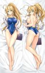  1girl ahoge artoria_pendragon_(all) artoria_pendragon_(lancer) ass bangs barefoot blush breasts collarbone competition_swimsuit cosplay covered_navel covering covering_one_breast dakimakura fate/grand_order fate_(series) from_above groin hair_between_eyes highres jacket jeanne_d&#039;arc_(fate)_(all) jeanne_d&#039;arc_(swimsuit_archer) jeanne_d&#039;arc_(swimsuit_archer)_(cosplay) kotatsu_(kotatsu358) large_breasts long_hair looking_at_viewer multiple_views one-piece_swimsuit shiny shiny_skin solo swimsuit swimsuit_pull toes very_long_hair wet whistle whistle_around_neck 
