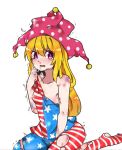  1girl american_flag_dress american_flag_legwear anteti_ba bangs bare_arms bare_shoulders blonde_hair blue_dress blue_legwear blush breasts bruise chinese_commentary clownpiece commentary_request dress fang hair_between_eyes hand_up hat injury jester_cap long_hair looking_at_viewer no_shoes open_mouth pantyhose polka_dot polka_dot_hat purple_eyes red_dress red_legwear short_dress simple_background sitting small_breasts solo star striped striped_dress striped_legwear tears thighs torn_clothes torn_dress torn_legwear touhou trembling wariza white_background white_dress white_legwear 