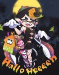  +_+ 1girl aori_(splatoon) bandages basket black_hair black_jumpsuit candy domino_mask earrings fangs food full_moon gloves halloween hat highres jewelry lollipop mask mole mole_under_eye moon ofuda okome_2g2g one_eye_closed open_mouth pointy_ears purple_legwear short_jumpsuit solo splatoon_(series) splatoon_1 tentacle_hair tombstone white_gloves 