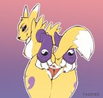  3_fingers absurd_res anus bedroom_eyes breasts digimon digimon_(species) faizenek female fingers half-closed_eyes hi_res looking_at_viewer nipples pussy renamon seductive simple_background smile stretching_pussy 