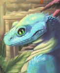  ambiguous_gender blue_body blue_scales dew_dragon gecko green_eyes hi_res lizard outside pillar plant reptile ruins scales scalie smile solo 