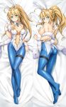  1girl animal_ears artoria_pendragon_(all) artoria_pendragon_(lancer) artoria_pendragon_(swimsuit_ruler)_(fate) ass bangs bare_shoulders blonde_hair blue_legwear breasts bunny_ears bunnysuit cleavage covering covering_one_breast dakimakura detached_collar fate/grand_order fate_(series) fishnets full_body green_eyes hair_between_eyes highres kotatsu_(kotatsu358) large_breasts leotard leotard_pull long_hair looking_at_viewer multiple_views necktie no_shoes pantyhose parted_lips ponytail sidelocks skindentation thigh_strap white_leotard wrist_cuffs 