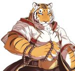  anthro barazoku biceps big_muscles chest_tuft clothed clothing felid fur giraffe_(artist) lam-chan male mammal multicolored_body multicolored_fur muscular muscular_male open_shirt pantherine pecs shirt simple_background solo striped_body striped_fur stripes tiger topwear tuft white_background yellow_eyes 