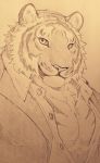  2015 anthro chest_tuft clothed clothing felid fur giraffe_(artist) graphite_(artwork) hi_res lam-chan looking_at_viewer male mammal monochrome muscular muscular_male pantherine partially_clothed pecs pencil_(artwork) sepia simple_background sketch solo tiger traditional_media_(artwork) tuft 