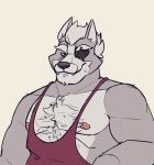  2019 areola black_nose canid canine canis chest_tuft eye_patch eyewear fangs fur grey_body grey_fur half-length_portrait hi_res kiba24 looking_at_viewer male mammal mature_male muscle_shirt muscular nintendo pecs portrait simple_background smile solo star_fox tuft video_games white_background wolf wolf_o&#039;donnell 