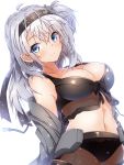  1girl absurdres bikini blue_eyes breasts cleavage grey_hair harukawa_(hal501) headband highres jacket jacket_removed kantai_collection large_breasts long_hair simple_background smile solo suzutsuki_(kantai_collection) swimsuit 