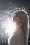  1girl absurdres backlighting choker earrings from_side highres huge_filesize jewelry lips long_hair looking_up original profile silver_eyes silver_hair smoke solo upper_body usukuchi_(impasto_life) white_choker 