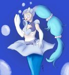 2017 3_fingers accessory amazed anime blue_background blue_eyes blue_hair blush breasts bubble clothing eyelashes female fingers gem hair hi_res marine merfolk nintendo not_furry pok&eacute;mon pok&eacute;mon_(species) primarina rwby simple_background snout solo terrystentacles transformation underwater video_games water weiss_schnee white_body white_breasts white_skin 