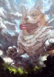  animal assasinmonkey blue_sky cloud cloudy_sky day dog fantasy grass highres jumping mountain no_humans original outdoors oversized_animal river sky solo tongue tongue_out tree water 