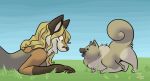  ambiguous_gender anthro black_nose blonde_hair breasts canid canine canis clothed clothing domestic_dog female feral fox fur gloves_(marking) hair jazmyn jazmyn&#039;s_world mammal markings mitti open_mouth orange_body orange_fur shirt tank_top topwear 