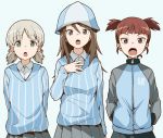  3girls aki_(girls_und_panzer) aokaze_(mimi_no_uchi) arms_behind_back bangs blue_background blue_headwear blue_jacket blue_shirt blue_skirt blunt_bangs bright_pupils brown_eyes brown_hair commentary dress_shirt emblem eyebrows_visible_through_hair girls_und_panzer green_eyes grey_skirt hair_tie hand_on_own_chest hands_in_pockets hat jacket keizoku_military_uniform keizoku_school_uniform light_brown_hair long_hair long_sleeves looking_at_viewer mika_(girls_und_panzer) mikko_(girls_und_panzer) military military_uniform multiple_girls music open_mouth pleated_skirt raglan_sleeves red_eyes red_hair school_uniform shirt short_hair short_twintails simple_background singing skirt standing striped striped_shirt track_jacket twintails uniform vertical-striped_shirt vertical_stripes white_pupils white_shirt wing_collar 