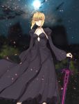  1girl ahoe artoria_pendragon_(all) black_dress blonde_hair blurry blurry_background breasts commentary_request dark_excalibur dress eyebrows_visible_through_hair fate/stay_night fate_(series) hair_between_eyes heaven&#039;s_feel highres looking_at_viewer medium_breasts moon night outdoors puffy_sleeves saber_alter shiina_aoi solo weapon yellow_eyes 