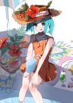  1girl absurdres aqua_hair bag banana carpet cup disposable_cup dolphin drawdream1025 dress feet_out_of_frame flower food fork fruit green_eyes hands_on_own_knees hat hat_ornament highres holding melon monogatari_(series) ononoki_yotsugi parasol plank plant pool popsicle shell sitting solo starfruit sun_hat sundress tongue tongue_out twintails umbrella water 