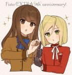  1boy 1girl anniversary bangs black_gloves blazer blonde_hair blue_bow blush bow brown_eyes brown_hair brown_jacket copyright_name cropped_torso diagonal-striped_background diagonal_stripes eyebrows_visible_through_hair fate/extra fate_(series) gloves green_eyes hair_between_eyes highres jacket karokuchitose kishinami_hakuno_(female) leonard_bistario_harway long_hair long_sleeves looking_at_viewer parted_lips red_jacket school_uniform sparkle striped striped_background tsukumihara_academy_uniform_(fate/extra) upper_body v-shaped_eyebrows 