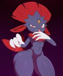  2015 anthro breasts claws curvy_figure eyelashes fangs female hi_res licking looking_at_viewer mammal mustelid navel nintendo nude pok&eacute;mon pok&eacute;mon_(species) pussy red_eyes self_lick small_breasts solo sssonic2 thick_thighs tongue tongue_out under_boob video_games voluptuous weavile wide_hips 