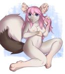  2019 4_toes 5_fingers abstract_background anthro areola big_ears blue_eyes chinchilla chinchillid felicia_cat female fingers fluffy fluffy_tail fur hair hi_res looking_at_viewer mammal nipples nude paws pink_hair rodent solo tan_body tan_fur toes 