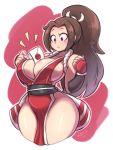  1girl :&lt; arm_guards blush breasts brown_eyes brown_hair cleavage fatal_fury hair_intakes high_ponytail highres japanese_clothes large_breasts letter looking_down pelvic_curtain ponytail revealing_clothes secretly_saucy shiranui_mai signature simple_background solo super_smash_bros. thighs white_background 