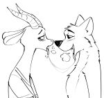 2019 ambiguous/ambiguous ambiguous_gender antelope anthro black_and_white blush bodily_fluids bovid breath cheek_tuft chest_tuft chico_(fuel) clothed clothing duo face_tuft gazelle half-closed_eyes head_tuft horn hyaenid mammal monochrome nah_(not-an-artblog) neck_tuft open_mouth open_smile saliva saliva_string shirt side_view simple_background smile t-shirt tongue tongue_out topwear tuft visiti white_background 