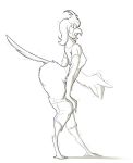  2019 anthro avian beak bird bottomwear breasts butt clothing feathers female hair koopacap looking_back monochrome open_mouth pants side_view simple_background solo standing surprise thick_thighs transformation white_background wings 