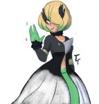  2017 4_fingers accessory alternate_species black_clothing blonde_hair breasts clothing costume cynthia_(pok&eacute;mon) dress female fingers gardevoir green_body green_lips green_skin hair hair_accessory hair_over_eye hi_res horn humanoid lips makeup mascara medium_breasts nintendo not_furry pok&eacute;mon pok&eacute;mon_(species) red_eyes simple_background sleeves solo sparkles terrystentacles video_games white_background 