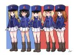  5girls andou_(girls_und_panzer) artist_name asutoro_(s--t) bangs bc_freedom_(emblem) bc_freedom_military_uniform black_footwear black_hair black_ribbon blonde_hair blue_eyes blue_headwear blue_jacket blue_vest boots brown_eyes brown_hair closed_mouth commentary dark_skin dress_shirt drill_hair emblem frown girls_und_panzer green_eyes hair_ribbon hand_on_hip hat high_collar highres isabe_(girls_und_panzer) jacket kepi light_frown long_hair long_sleeves looking_at_viewer marie_(girls_und_panzer) medium_hair messy_hair military military_hat military_uniform miniskirt multiple_girls oshida_(girls_und_panzer) pleated_skirt ribbon shirt signature skirt smile sofue_(girls_und_panzer) standing two-tone_background uniform vest white_shirt white_skirt 