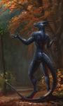  akineza anthro athletic autumn back_muscles biceps blue_body blue_scales butt claws digitigrade dragon green_eyes hi_res horn male nude outside raining scales smile solo spines wingless_dragon 